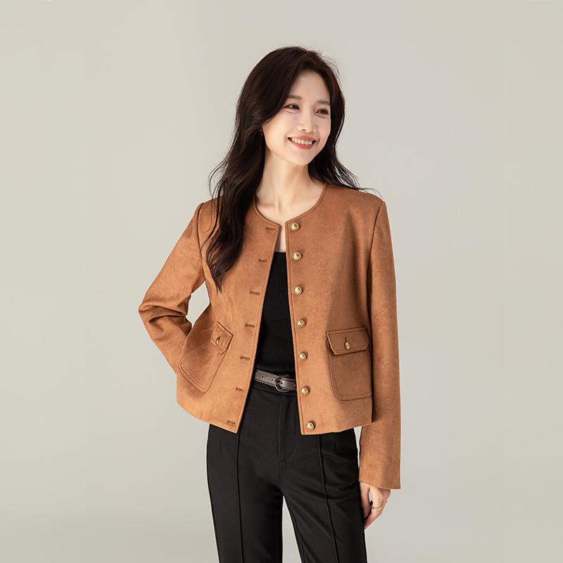ジャケット レディース スエード調 クルーネック ノーアイロン ショート丈 レトロ カジュアル 秋冬 キャラメルカラー 球形メタルボタン おしゃれ
