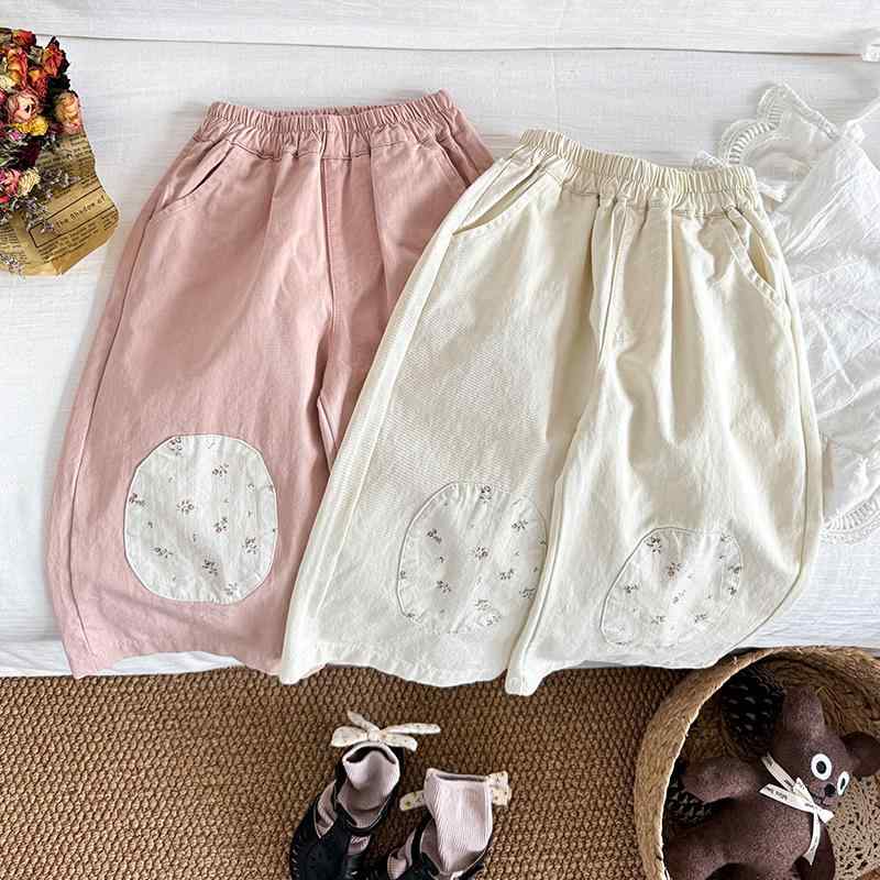 キッズ 女の子 パンツ 韓国風 秋冬 ストレートワイドシルエット 小花柄アップリケ ウエストゴム コットン100% 柔らかい肌触り ナチュラル カジュアル 着回し ロング丈 ピンク カーキ