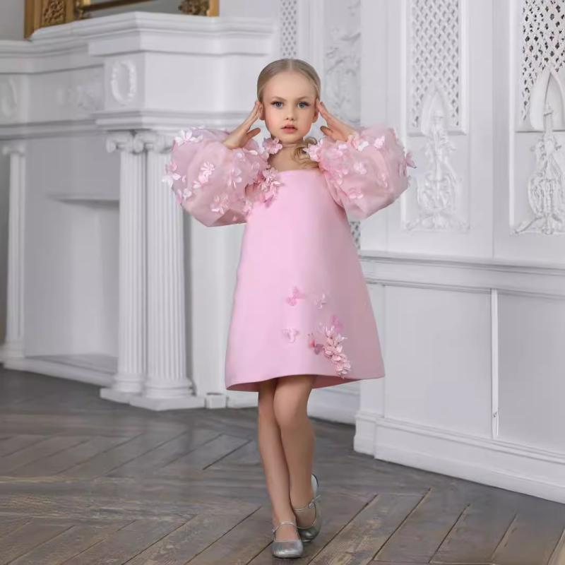 ドレス 女の子 キッズ プリンセス かわいい ピンク 花柄 パフスリーブ 高級感 Aライン フォーマル ワンピース 子供服 春夏 ガールズ