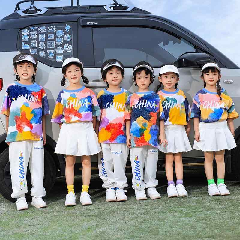 キッズ ダンス衣装 男女兼用 小学生 幼稚園児 運動会 発表会 チアリーディング 合唱 練習着 絞り染め スポーツテイスト ポリエステル 素材 速乾性 オールシーズン