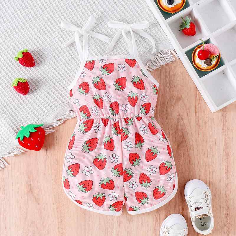 ロンパース 女の子 キッズ 綿100% 薄手 ノースリーブ ストラップ リボン イチゴ柄 かわいい 春夏 ピンク ベビー服 子供服 カバーオール 部屋着 お出かけ