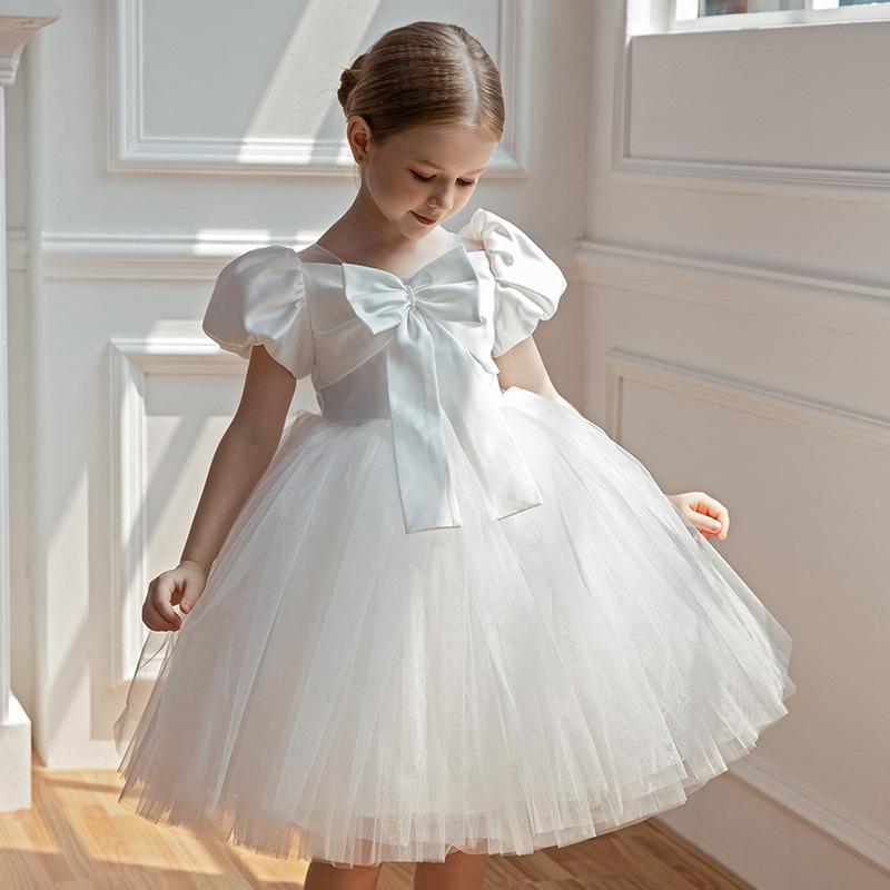 ドレス キッズ 女の子 高級感 プリンセス 誕生日 ピアノ発表会 ふんわりチュール フラワーガール 結婚式 披露宴 フォーマル 白 オールシーズン リボン