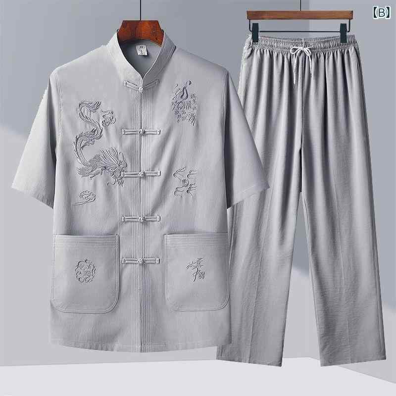 セットアップ メンズ 春夏 チャイナ服 唐装 シニア 紳士 涼しい 接触冷感 半袖 シャツ ロングパンツ チャイナボタン エスニック 民族衣装 部屋着 ルームウェア 父の日 プレゼント おじいちゃん 敬老の日 secure-depo-11350031 セキュアデポ サンプル画像2