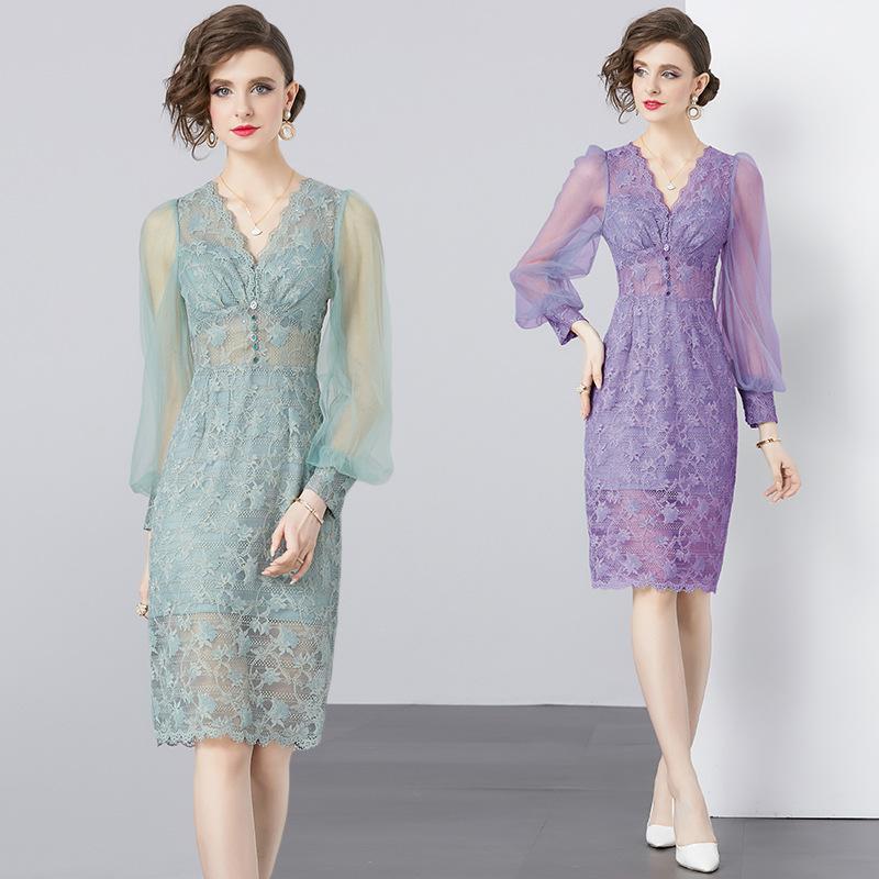 ワンピース レディース 長袖 春夏 レース ポロカラー ランタンスリーブ タイトシルエット 大人きれいめ 上品 エレガント シェニール 伸縮性素材 オフィス カジュアル スタイルアップ