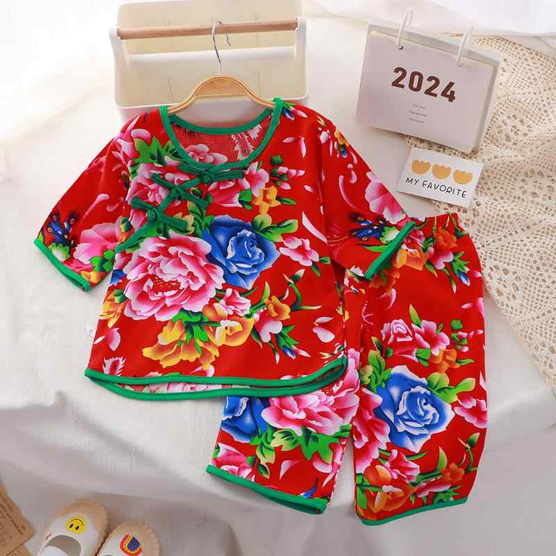 ルームウェア 女の子 キッズ ベビー 薄手 透気性 セットアップ 七分袖 夏 花柄 民族風 チャイナ風 レー..