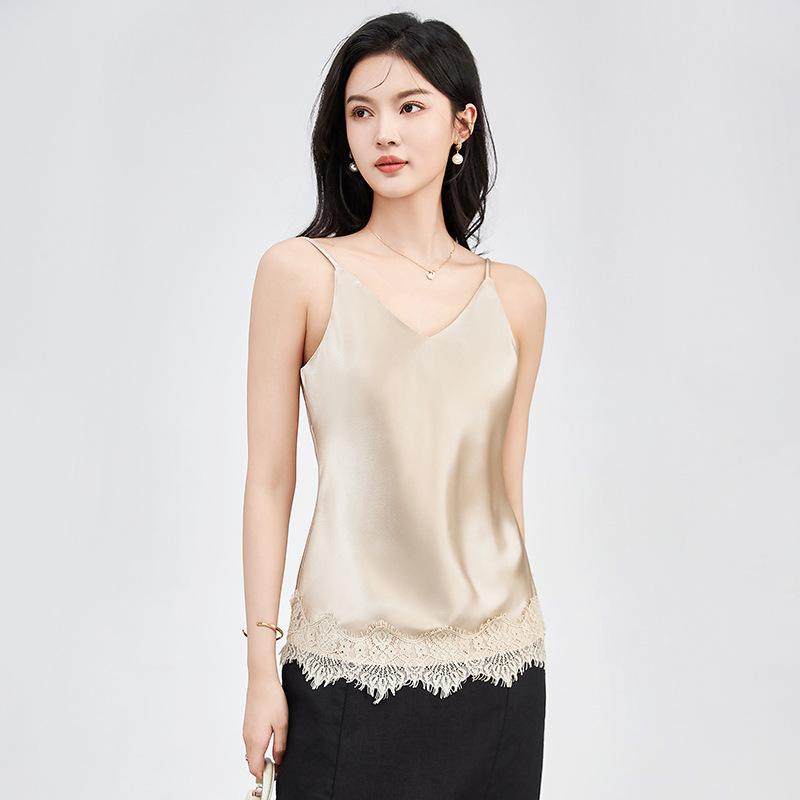 キャミソール レディース アセテート素材 レース切り替え 上品 エレガント フレンチスタイル きれいめ 通勤 オフィス 細ストラップ トップス インナー 春夏 ブラック ブラウン ピンク アプリコットカラー対応