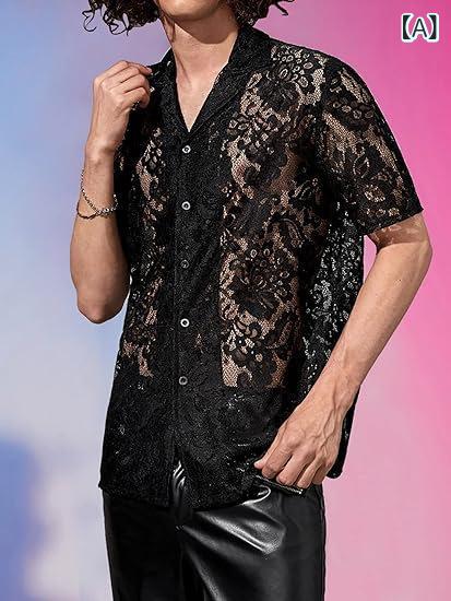 シャツ メンズ 男性用 ウォッシャブル ノーアイロン イージーケア レース 半袖 襟付き 無地 カジュアル ポリエステル 綿 大きいサイズ 春秋 ディスコ パーティー