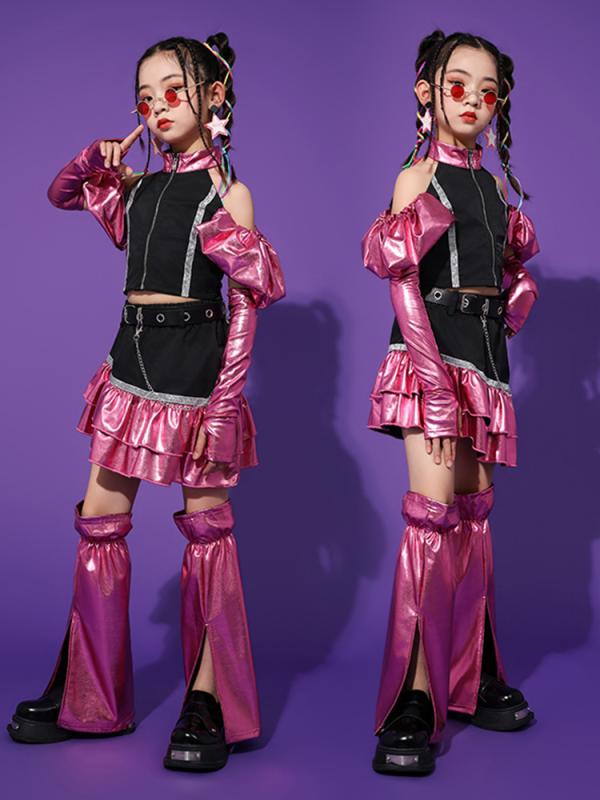 ダンス衣装 キッズ 女の子 光沢 フェイクレザー セットアップ 発表会 舞台 ジャズ ヒップホップ ストリート 韓国風 かっこいい トレンド オールシーズン イベント 練習着 ステージ衣装