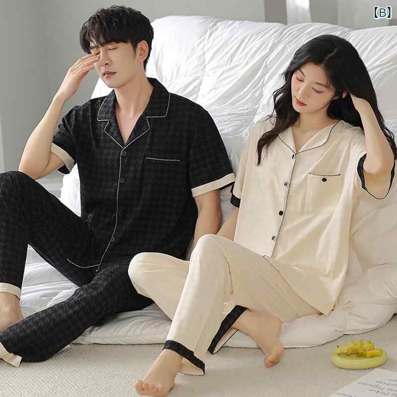 セキュアデポのパジャマ 男女兼用 ペア ルームウェア 高級感 春夏 薄手 綿100% 3分袖 シャツ襟 ロングパンツ 上下セット 通気性 涼しい ストレッチ 快適 部屋着 おうち時間 外出着 カジュアルスタイル｜アングル3