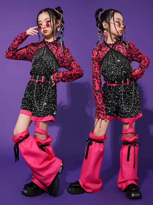 キッズ 女の子 ダンス衣装 ヒップホップ ストリート ジャズ 発表会 ステージ ランウェイ パフォーマンス セットアップ クール おしゃれ 黒 フリンジ スパンコール メッシュ ポリエステル オールシーズン