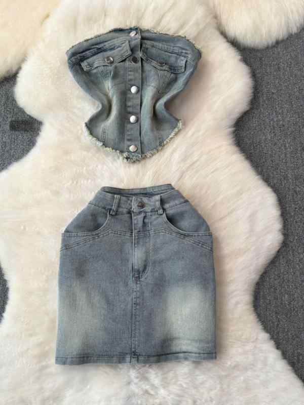 セットアップ レディース 着痩せ効果 スリムフィット ノースリーブ ベアトップ デニムスカート 上品 フレンチシック 大人カジュアル きれいめ 春秋 ツーピース ブルー