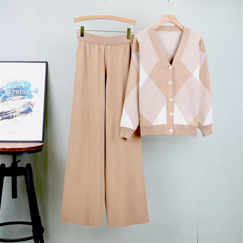 カジュアルセットアップ レディース 女性用 ゆったり ルーズ リラックス アーガイル柄 ニットカーディガン 長袖 上品 きれいめ 通勤 2点セット パンツスタイ...