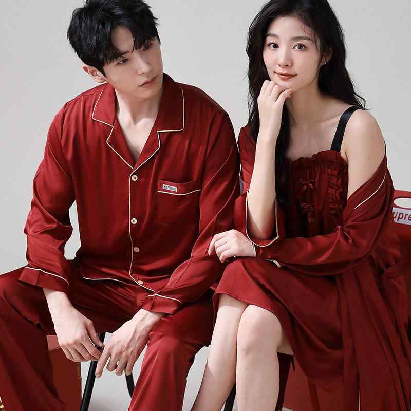 ルームウェア パジャマ カップル ペア メンズ レディース 新婚 結婚祝い 接触冷感 薄手 高級感 レッド ..