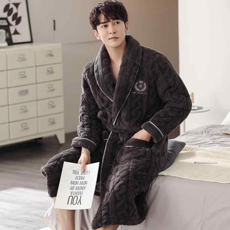 バスローブ メンズ 冬用 超厚手 中綿入り 三層構造 フランネル サンゴフリース ロング丈 Vネック 部屋..