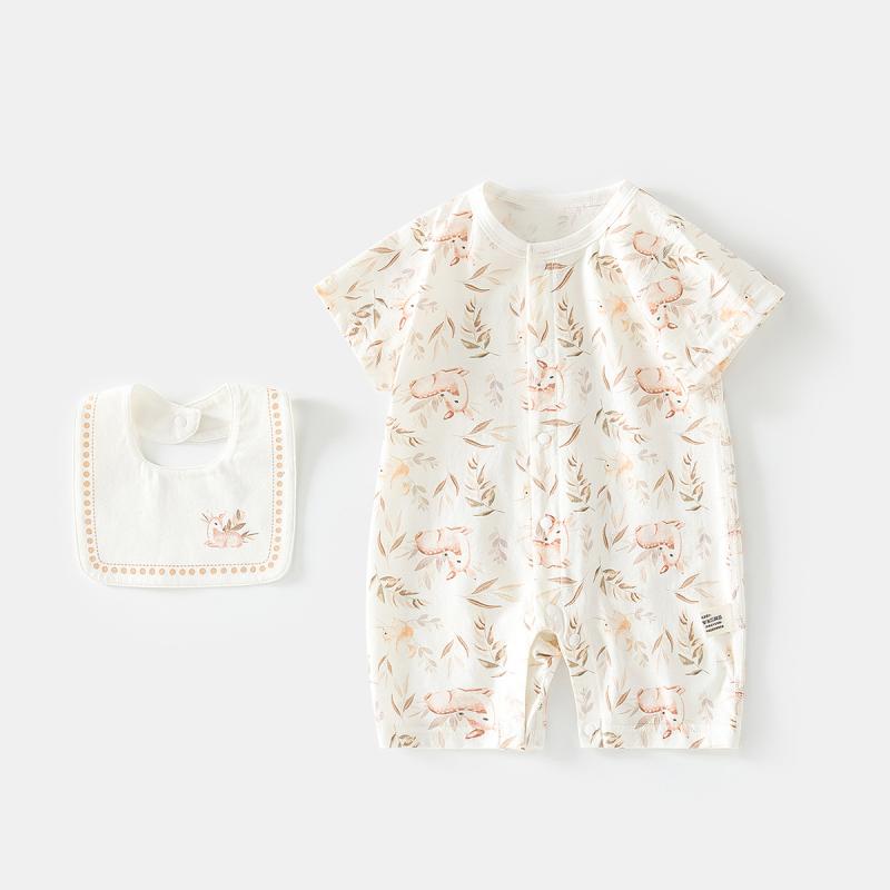 ・主な素材: 綿95%、氷酸素綿・適用シーズン: 夏・対象年齢: 幼児(1～3歳)・性別: 男女兼用・袖丈: 半袖・フード: なし・厚さ: 薄手・留め具: シングルボタン・スタイル: インスタ風・デザイン: ショートロンパース・カラー展開: ブラウン、グリーン、パープル・サイズ展開: 66cm、73cm、80cm、90cm・カテゴリ: ロンパース、カバーオール