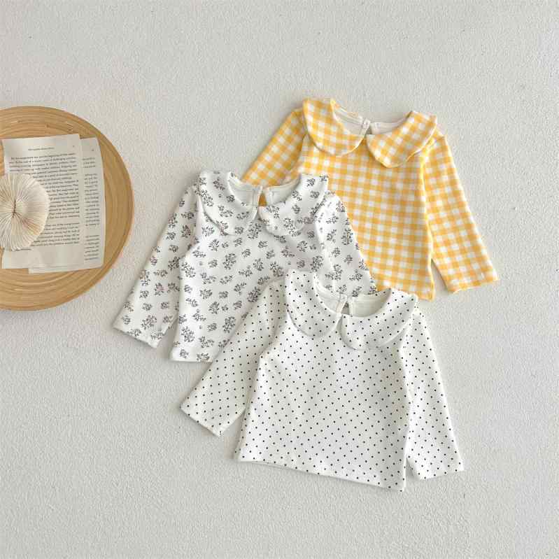 Tシャツ 女の子 ベビー キッズ 子供 春秋 綿 コットン素材 長袖 襟付き 吸汗速乾 やわらか ソフト かわいい カジュアル トップス チェック柄 小花柄 ドット柄