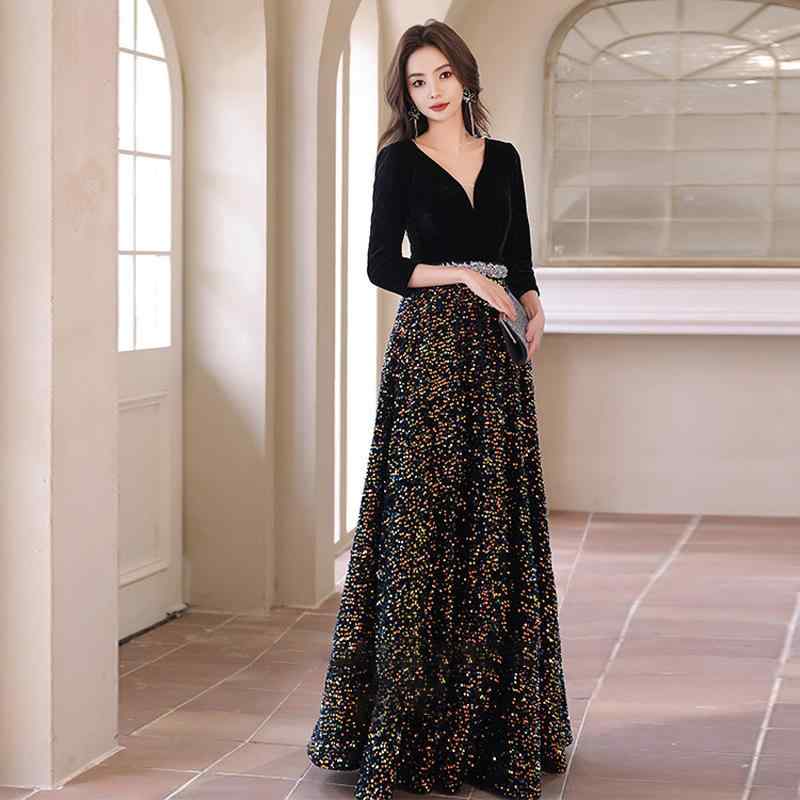 楽天セキュアデポドレス レディース ブラック 深Vネック 刺繍 エレガント 上品 フレンチスタイル イブニング フォーマル ロング Aライン 演奏会 発表会 司会 コンクール 結婚式 二次会 パーティー 春夏 ポリエステル