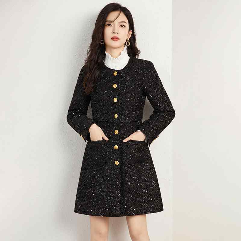 楽天セキュアデポワンピース レディース しわになりにくい 秋冬 ツイード スパンコール エレガント フェイクレイヤード 凝ったデザイン Aライン ミモレ丈 長袖 ラウンドネック オフィス 通勤 フォーマル 上品