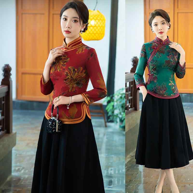 楽天セキュアデポチャイナドレス トップス レディース 女性用 春秋 長袖 花羅緞 二重仕立て レトロ クラシック ポリエステル素材 微弾性 チャイナボタン 唐装風 セットアップスタイル 上着