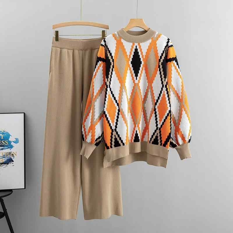 楽天セキュアデポセットアップ レディース 春秋 ゆったり ひし形柄 ニットセーター ツーピース ニット ワイドパンツ 通勤 きれいめ レーヨン混 配色 ジャガード織り カジュアル