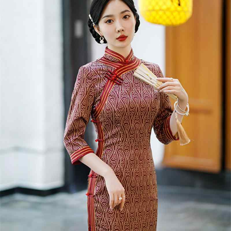 楽天セキュアデポチャイナドレス レディース ミセス ロング丈 七分袖 レトロ スリムフィット 高級感 エレガント 中国風 スタンドカラー サイドスリット テンセルサテン風 ストレッチ パーティードレス 春夏 お呼ばれ 結婚式 二次会