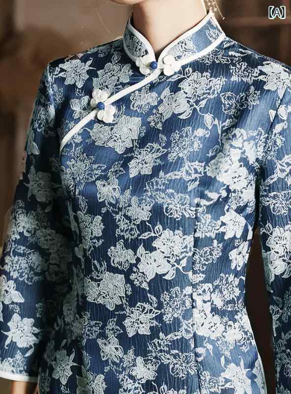 チャイナドレス レディース 秋冬 レトロ 中国風 ブルー ブラウス スタンドカラー 七分袖 斜め襟 低スリット ショート丈 スリムフィット 着痩せ効果 チャイナボタン ポリエステル プリント柄