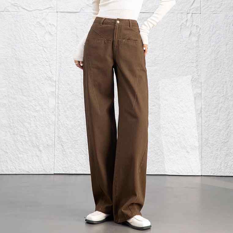 楽天セキュアデポデニムパンツ レディース ウォッシュ加工 ストレート スリットポケットデザイン ハイウエスト 体型カバー 着痩せ ゆったり リラックスフィット 切り替え レトロカジュアル フルレングス ストレッチ