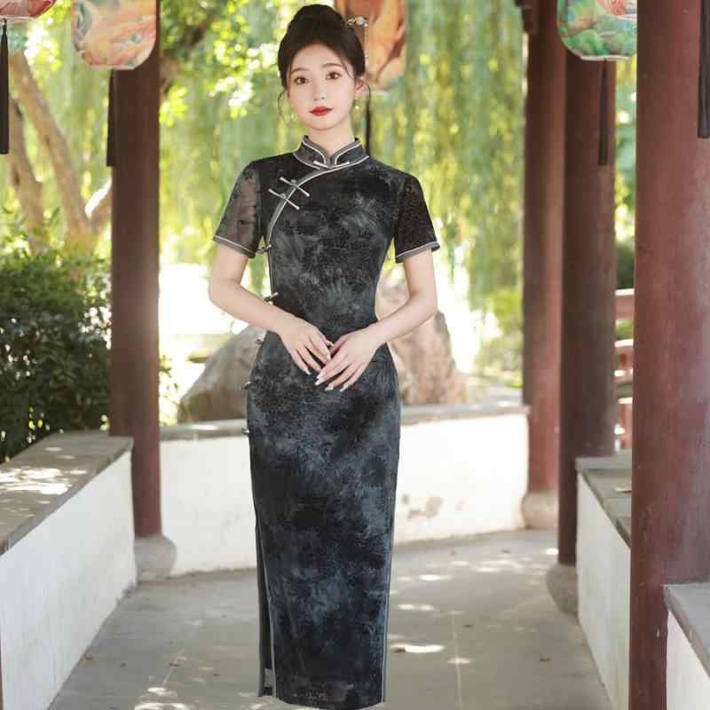 楽天セキュアデポチャイナドレス レディース 上品 ベロア 切り替え フロッキー加工 高級感 細見え 体型カバー 微ストレッチ ロング丈 スタンドカラー 七分袖 秋 日常着 カジュアル レトロ