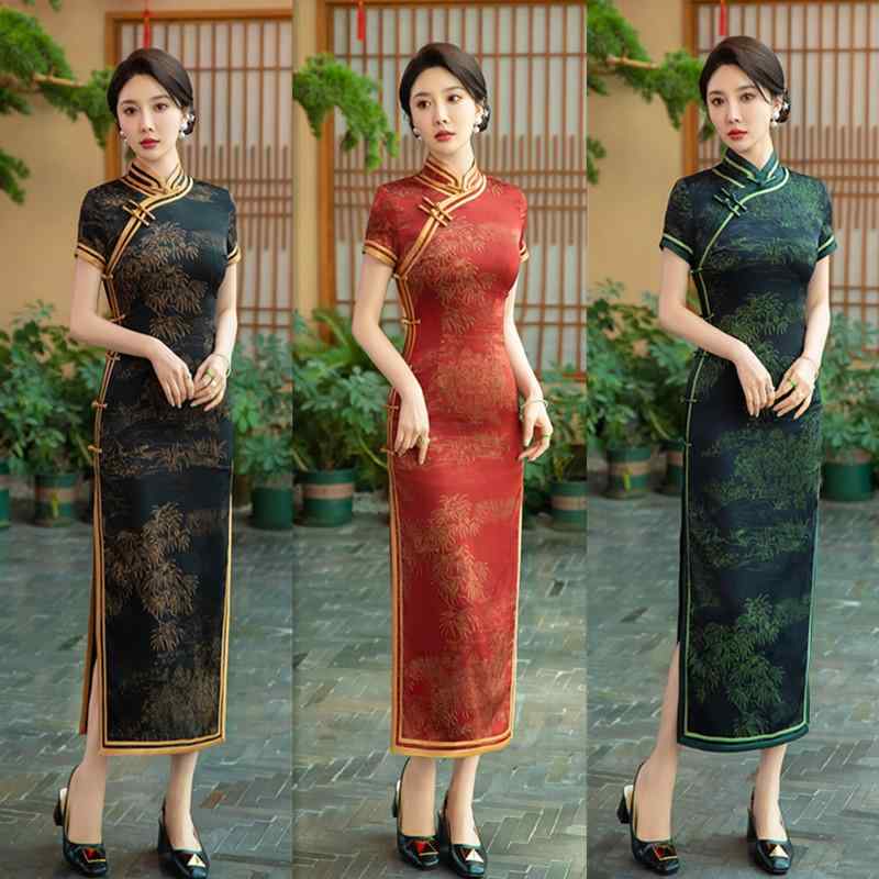 チャイナドレス レディース 伸縮性 シルク調 レトロ 中国風 伝統 民族風 ロング丈 3分袖 スタンドカラー チャイナボタン パイピング 3D立体柄 ハイサイドスリット 春夏 普段使い フォーマル パーティー お呼ばれ エレガント