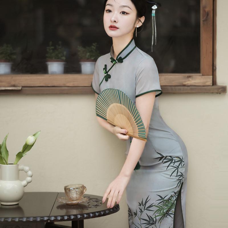 チャイナドレス レディース ロング丈 スタンドカラー 斜め襟 3分袖 改良型 微ストレッチ レトロモダン ..