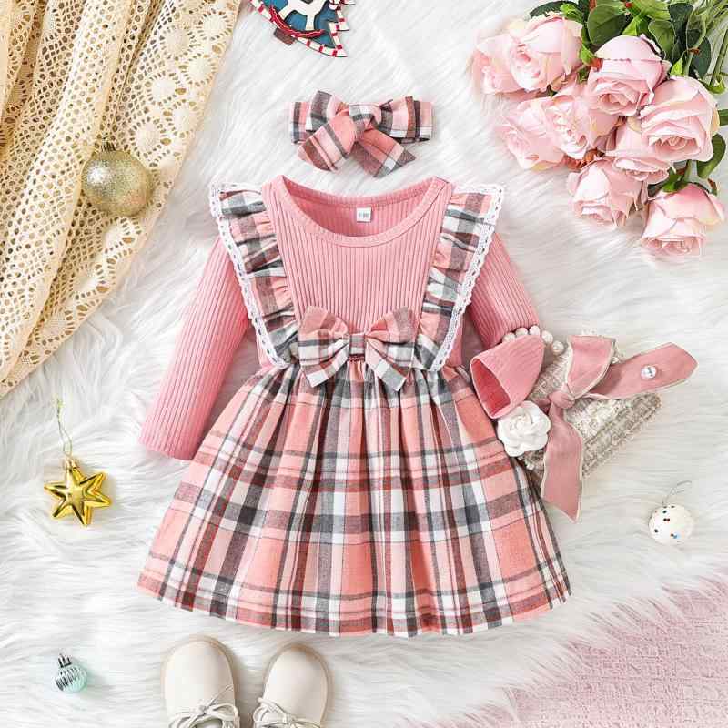 ワンピース キッズ 女の子 春秋 韓国風 プリンセスドレス リボン 長袖 シフォン 格子柄 フリル ポリエステル かわいい おしゃれ お出かけ 普段着 発表会