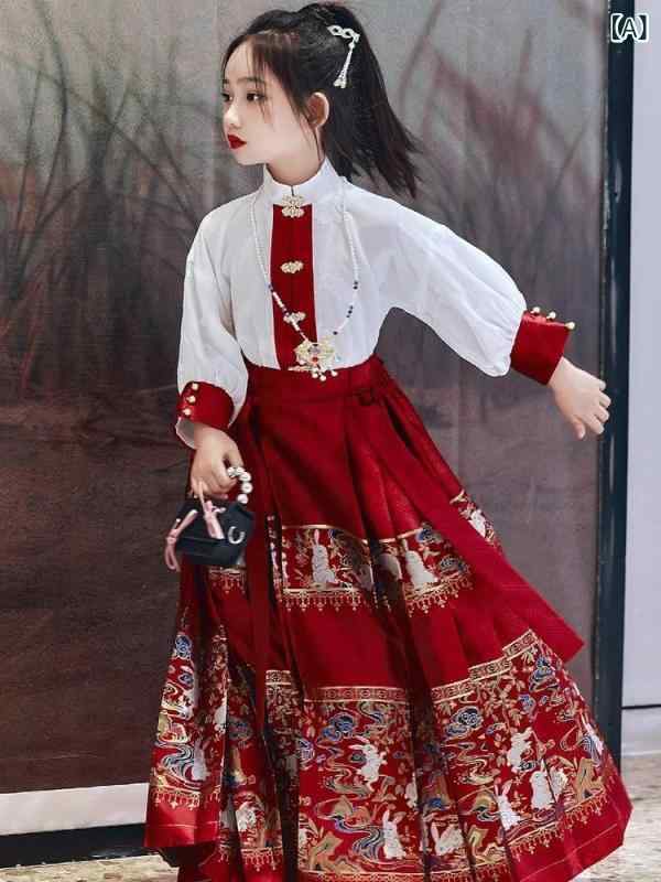 漢服 女の子 キッズ 馬面スカート 上下セット 中国風 レトロ 古風 厚手 裏地付き 綿麻素材 柔らかな着心地 オールシーズン ストライプ柄 かわいい