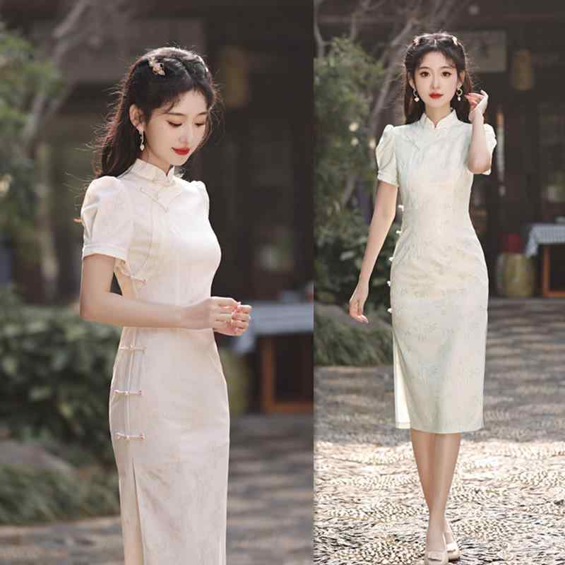 チャイナドレス レディース 春夏 少女風 新チャイナ風 改良版 半袖 バルーンスリーブ ジャガード織り ..