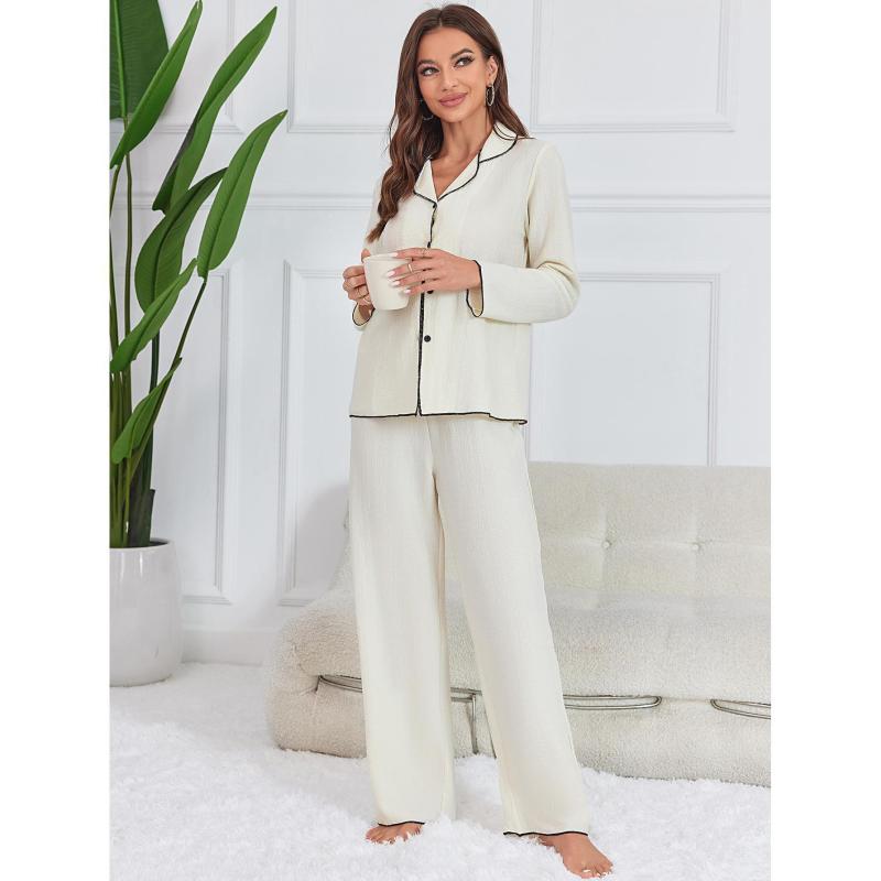 パジャマ ルームウェア レディース 授乳対応 通気性 ストレッチ 快適 保温 ワンマイル 前開き テーラードカラー シンプルカジュアル 上下セット 長袖 ロングパンツ サッカー生地 薄手 秋冬春