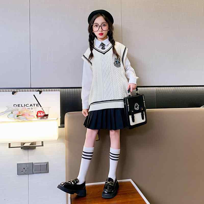 セットアップ キッズ 女の子 秋冬 JK制服風 スクール ニットベスト ブラウス プリーツスカート 3点セット 通学 フォーマル 発表会 入学式 卒業式 やわらか素材