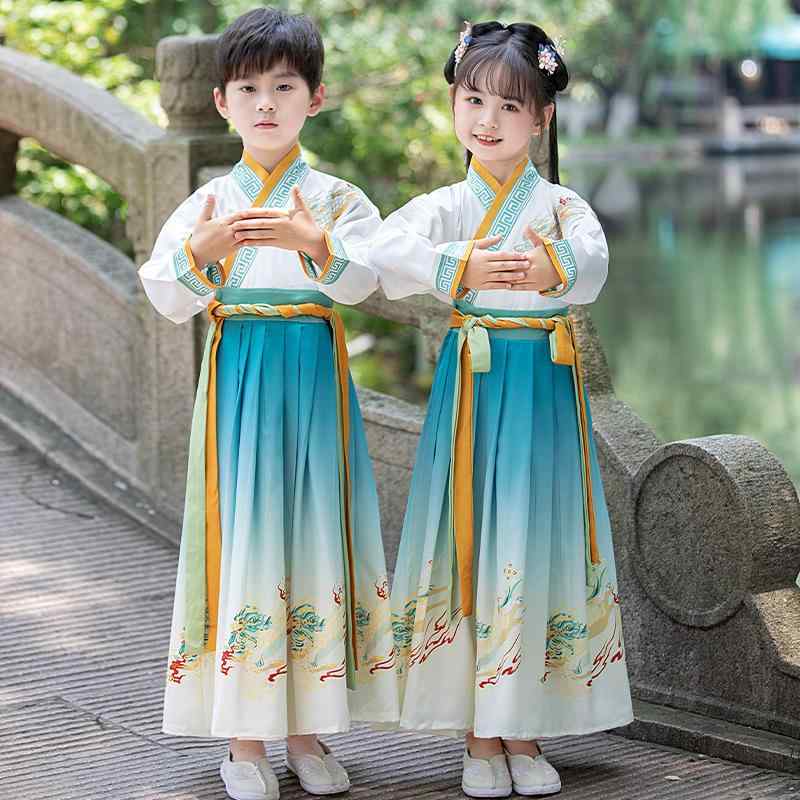 民族衣装 キッズ 男女兼用 小学生 中学生 薄手 シフォン素材 やわらか肌触り 綿混 漢服 唐装 書童服 中..