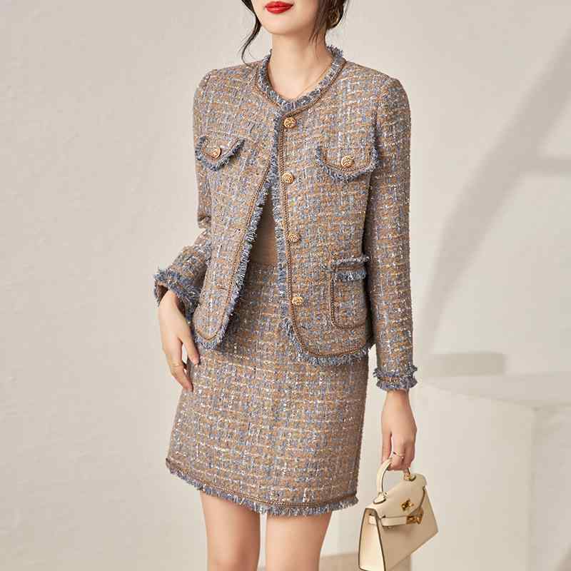 セットアップ レディース ウール ツイード ラメ入り シワになりにくい 着痩せ ショート丈ジャケット ハイウエストスカート 配色 フリンジ 上品 エレガント 通勤 オフィス 秋冬(4)