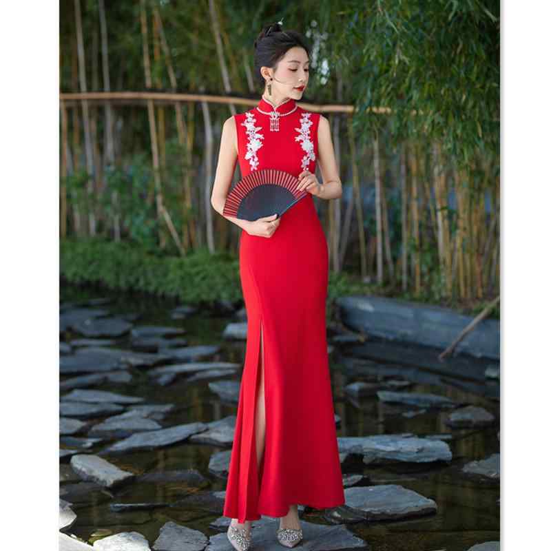 チャイナドレス レディース 大きいサイズ ノースリーブ 立体花柄 ニットサテン 伸縮性 ハイ スリット ..