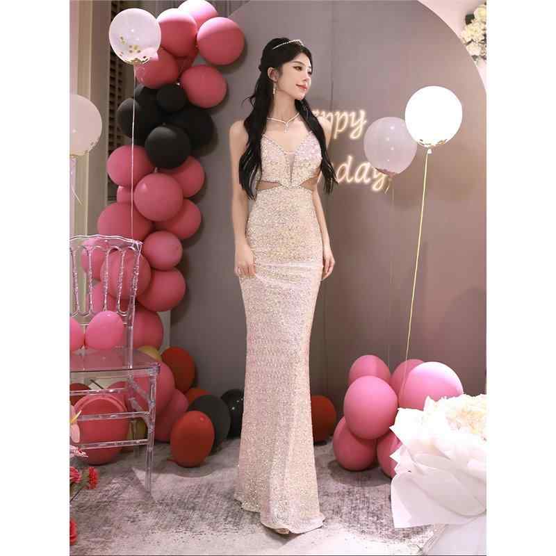 ワンピース レディース キラキラ スパンコール ハイウエスト ノースリーブ パーティードレス 結婚式 二次会 披露宴 イブニングドレス お呼ばれ フォーマル エレガント 上品 高級感 ミモレ丈