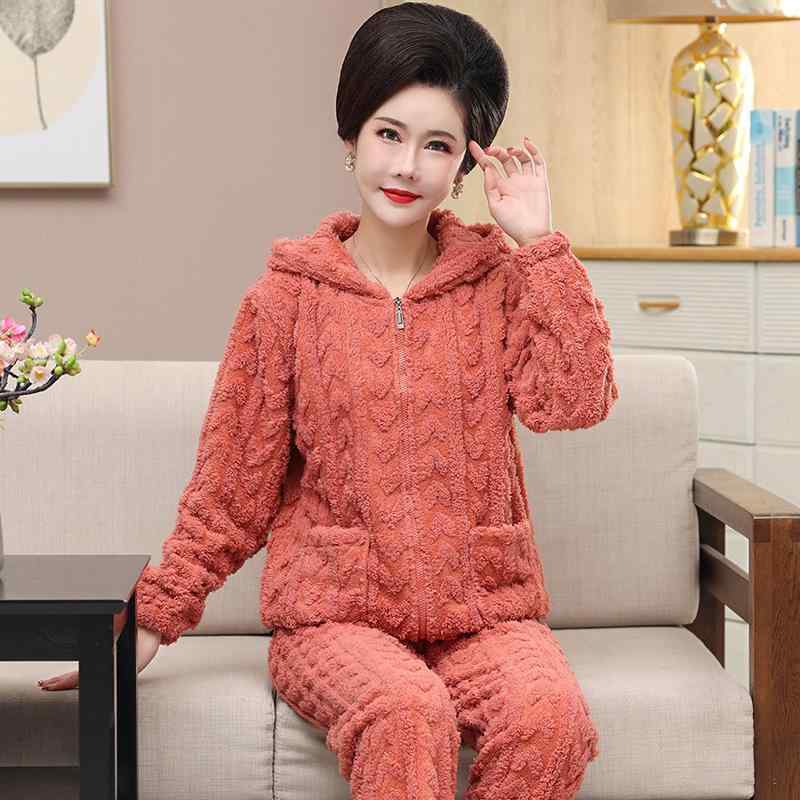 パジャマ レディース シニア 高齢者向け 超厚手 あったか 保温 ジップアップ フード付き パーカー サンゴフリース フランネル 秋冬 ルームウェア 部屋着 セットアップ 長袖 長ズボン ゆったり