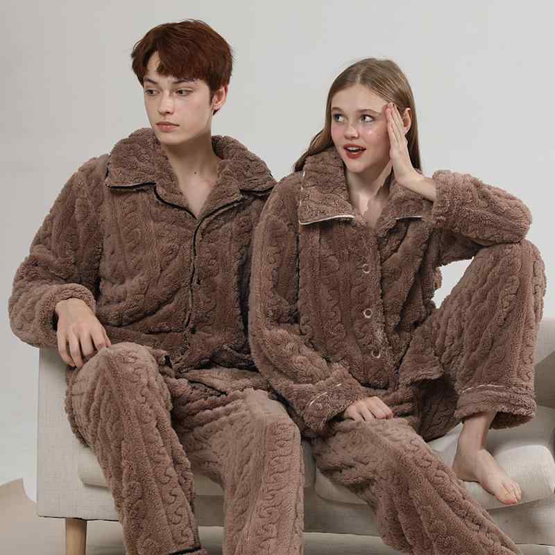 パジャマ メンズ レディース ペア 厚手 保温 あったか フランネル サンゴフリース 裏起毛 秋冬用 前開き 襟付き 長袖 長パンツ 部屋着 ルームウェア 上下セット 快適 リラックス 高級感