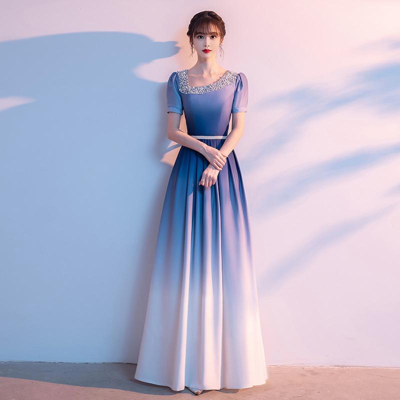 ロングドレス レディース 発表会 演奏会 合唱 舞台衣装 司会 指揮 朗読会 マキシ丈 長袖 Aライン ハイウエスト ポリエステル グラデーション ネイビー ワインレッド 紺 赤