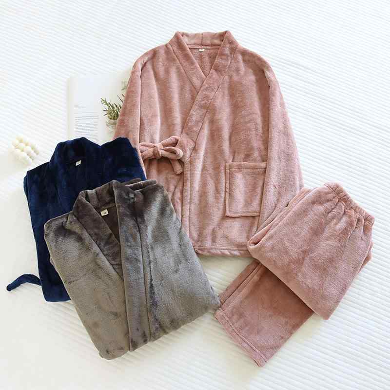 ルームウェア パジャマ カップル 男女兼用 和風 キモノデザイン 帯付き Vネック サンゴフリース 厚手 ..