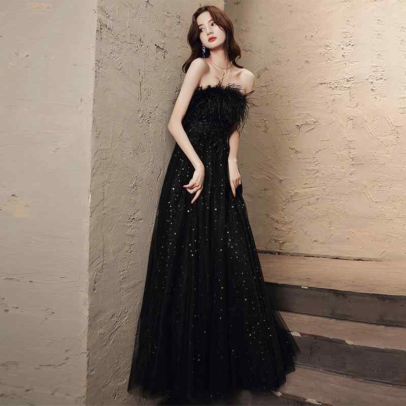 ロングドレス レディース パーティードレス 演奏会 発表会 結婚式 お呼ばれ フォーマル 黒 ブラック Aライン ストラップレス ノースリーブ ロング丈 大人上品 プリンセスライン 編み上げ ポリエステル