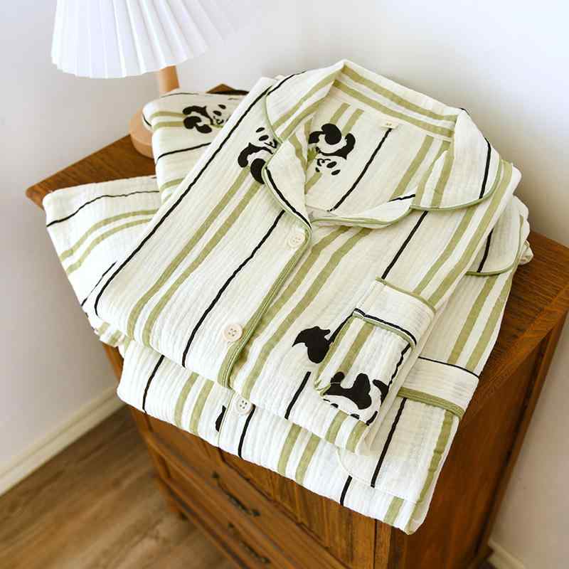 パジャマ 男女兼用 カップル ペア 快適 通気性 綿100% ウォッシュ加工 クレープ生地 薄手 長袖 ロングパンツ 上下セット ルームウェア 部屋着 春夏秋冬