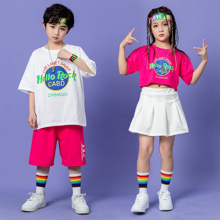 キッズ ダンス衣装 男の子 女の子 ジュニア 小学生 幼稚園児 チアリーダー 応援団 ストリート ジャズ ヒップホップ 発表会 運動会 体育祭 綿 コットン 快適 半袖 Tシャツ ショートパンツ スカート セットアップ 春夏 男女兼用