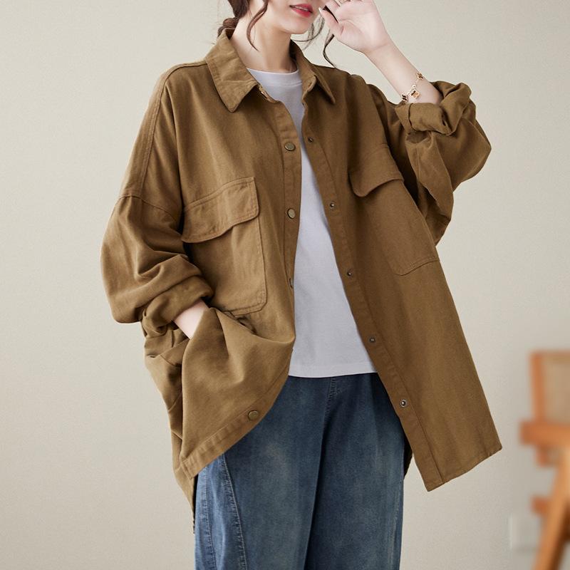 シャツ レディース スタイリッシュ ワークテイスト レトロ ヴィンテージ コットン 長袖 ミドル丈 ゆったり オーバーサイズ アウター 羽織り ポロ襟 ポケット付き 通勤 オフィス カジュアル 着回し 秋冬