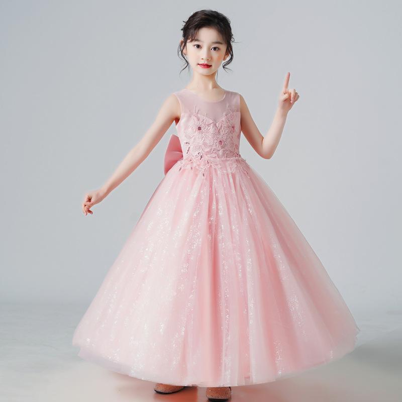 ドレス キッズ 女の子 子供 プリンセスドレス フォーマル ノースリーブ 結婚式 ウェディング フラワーガール 発表会 演奏会 ボリュームチュール ロング丈 エレガント ポリエステル混 春夏 白 ピンク