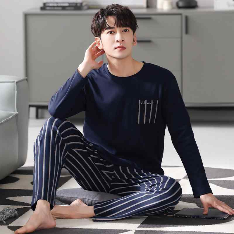 パジャマ メンズ 男性用 春秋 綿100% ゆったり 長袖 長ズボン 丸首 シンプル カジュアル 大きいサイズ ..