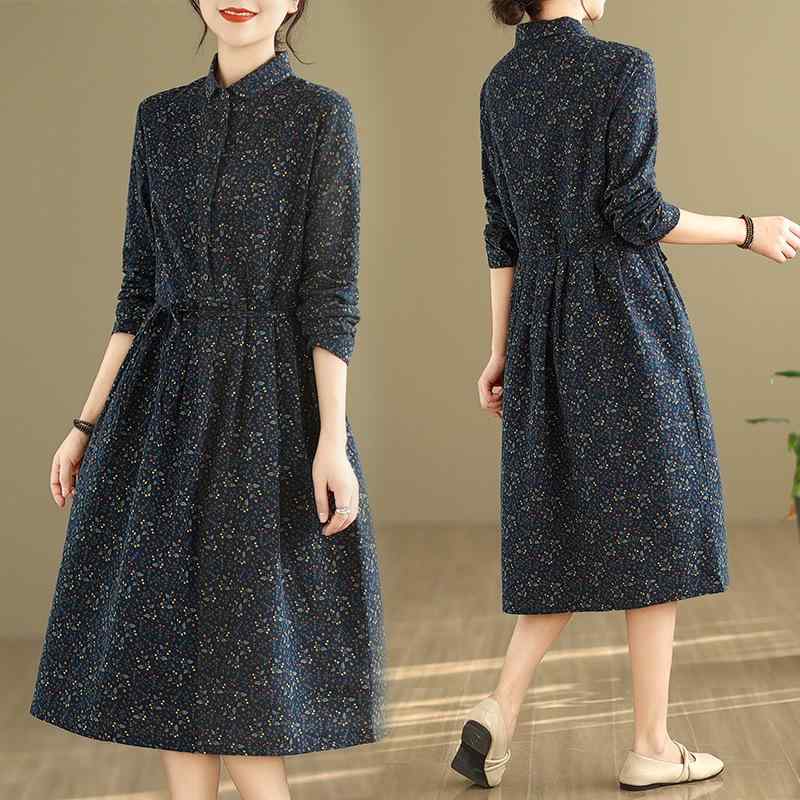 ワンピース レディース 女性用 起毛素材 長袖 プルオーバー ゆったり リラックスシルエット 大きいサイズ対応 ミディ丈 ウエストリボン リネン 麻素材 プリント ナチュラルスタイル 快適カジュアル ブルー